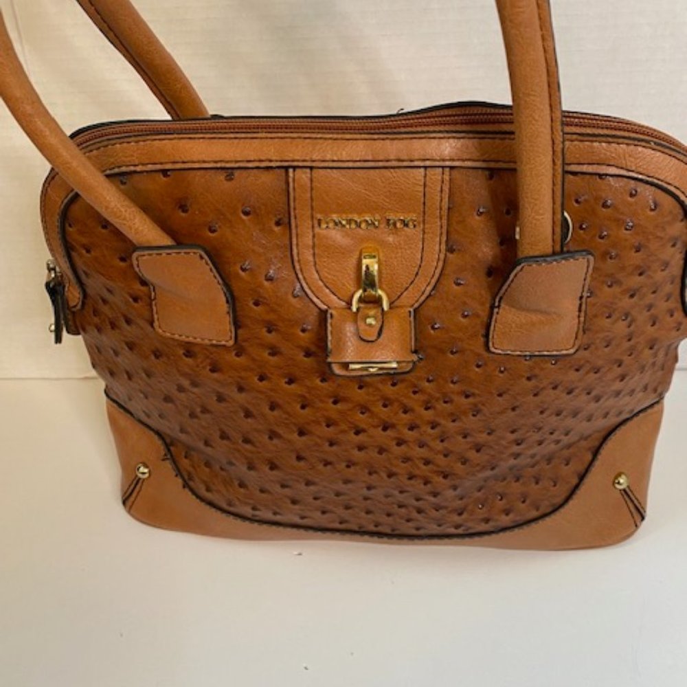London Fog Ostrich  Faux Leather Handbag Satchel Tan/brown - Picture 3 of 9